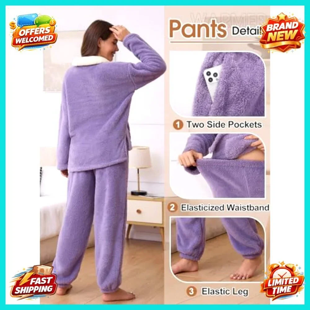 Fleece Fuzzy Pajama Set Cozy Winter Sleepwear Loungewear Pullover Pants Plush - Picture 5 of 7